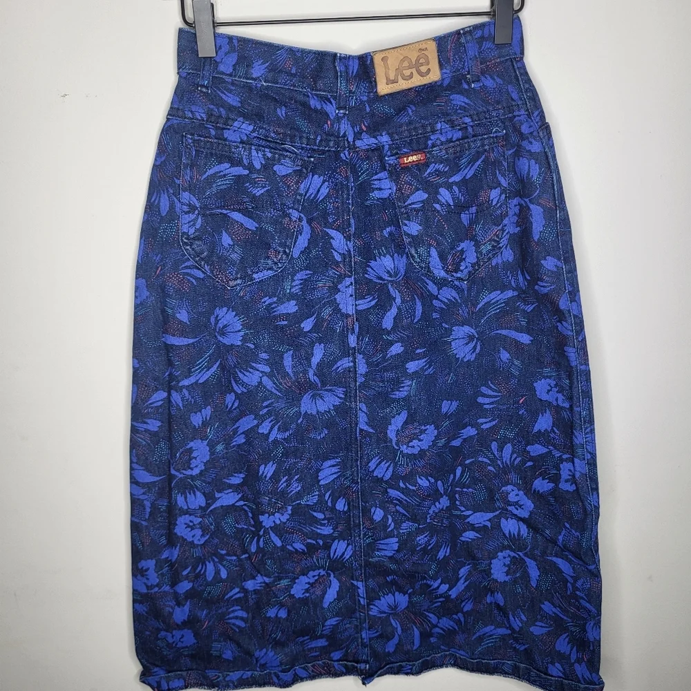 Lee Vintage Blue Floral Denim Midi Skirt Size 7